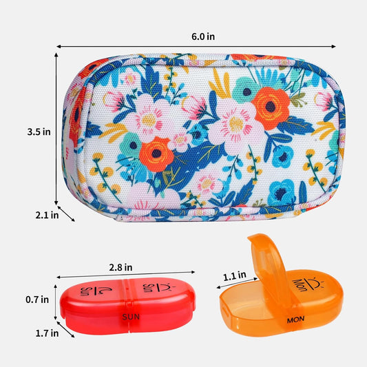 Serfeymi Weekly Travel Pill Organizer 2 Times A Day AM PM Upgraded Rainbow Pill Box 7 Day with Portable Zipper Canvas Pill Case, Medicine Organizer for Pills, Vitamins, Fish Oils - Bloom 01