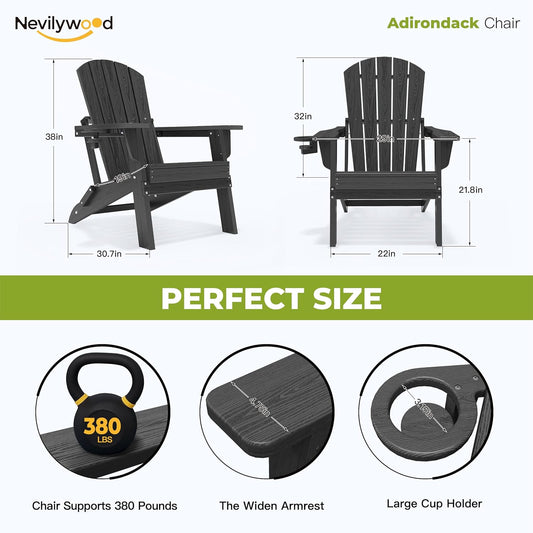 Folding Adirondack Chair, Ergonomic Extended Backrest, HDPE All-Weather, 400lbs Capacity, Maintenance-Free, Cup Holder, (Black)- Outdoor Patio & Firepit Chair
