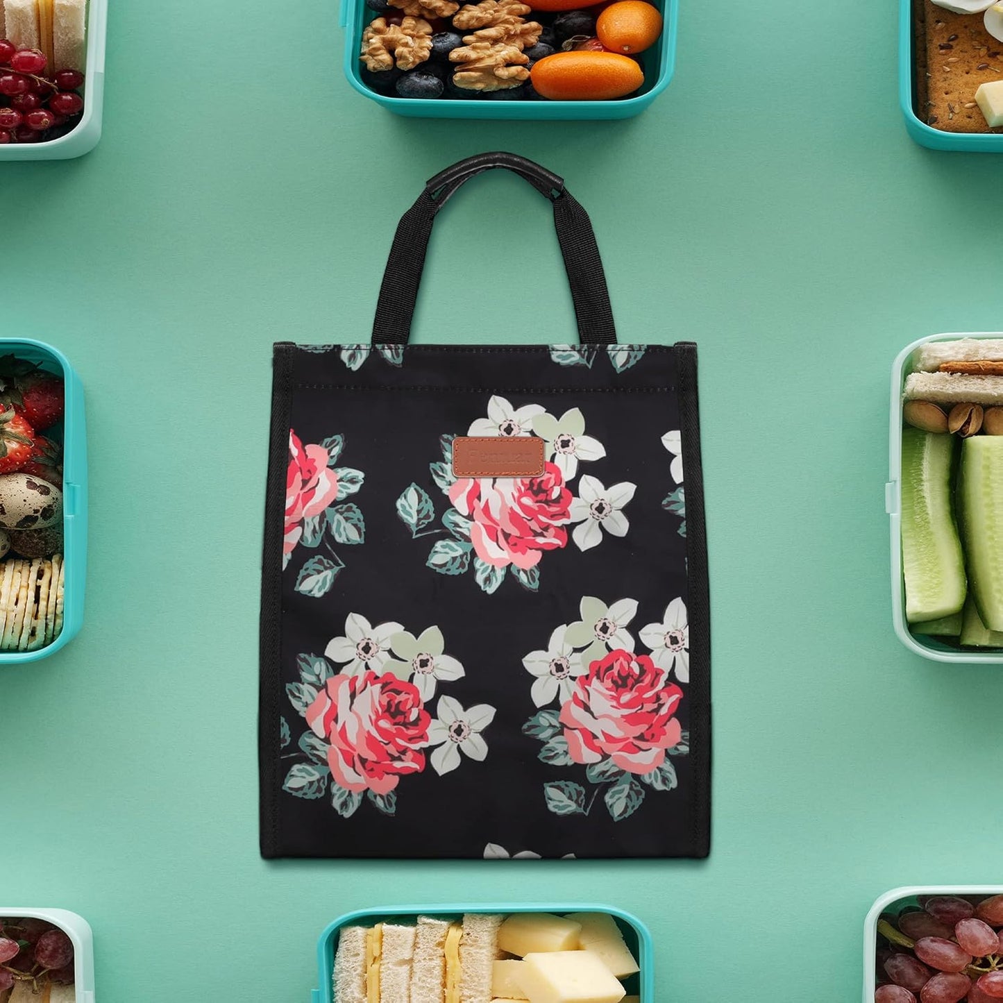 Lunch Bags for Women Insulated Reusable Lunch Tote with Internal Pocket, Lunch Tote bag for Work (Flower)