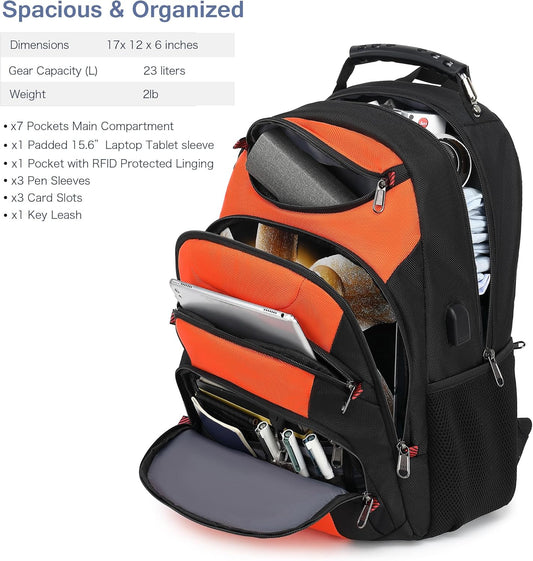 Boavan Laptop Backpack for men, 15.6 inch Laptop Bag with USB Port, Waterproof Travel Work Backpack Purse, Anti-Theft Teacher Nurse Doctor Casual Bookbags Office Business backpack,Orange Black