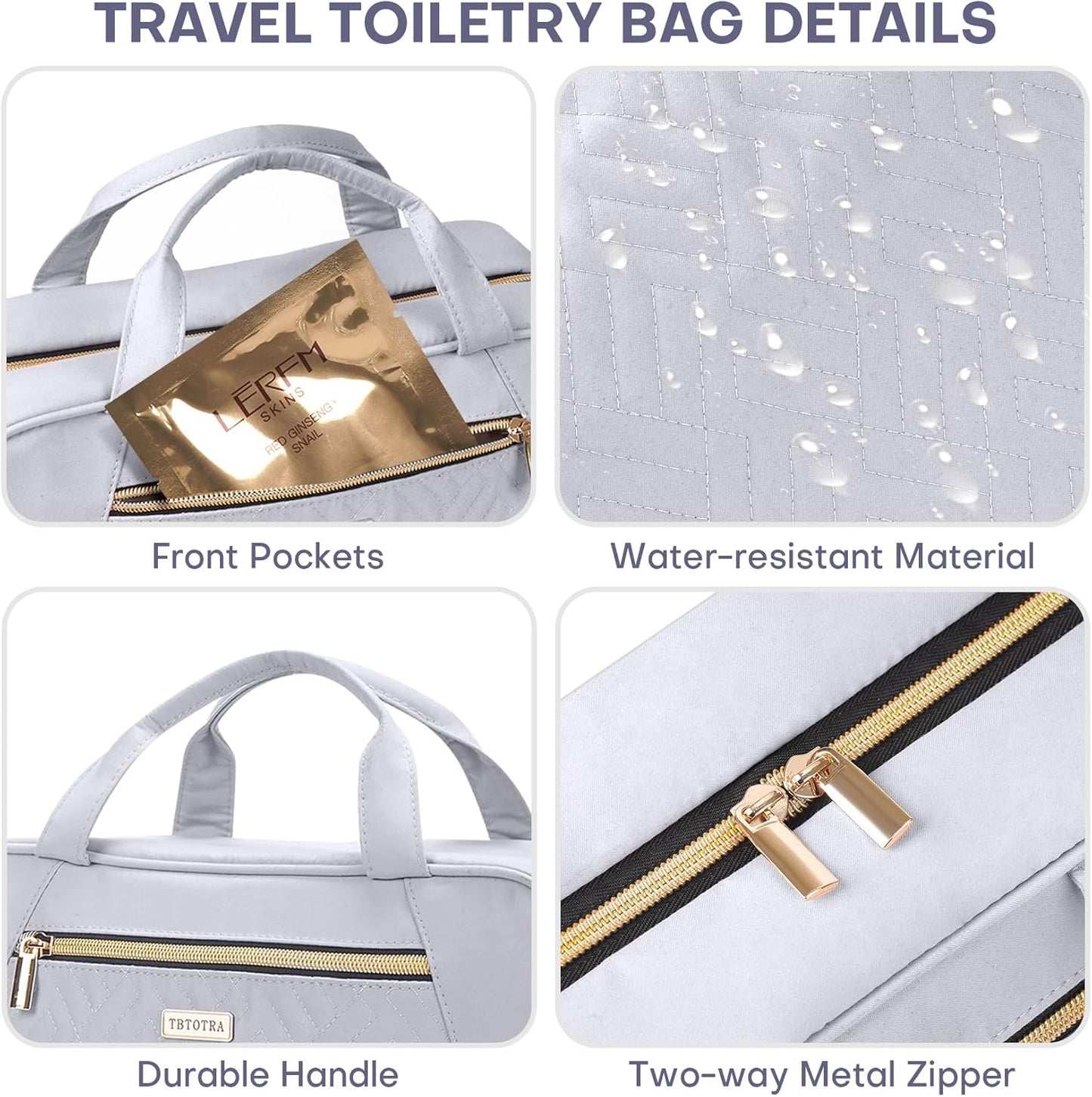 Hanging Toiletry Bag for Women Travel, 2 Sizes Large & Small Waterproof Cosmetic Organizer with 4 Compartments, Rotating Hook, Foldable Pink Travel Bag for Toiletries & Makeup - Large Grey