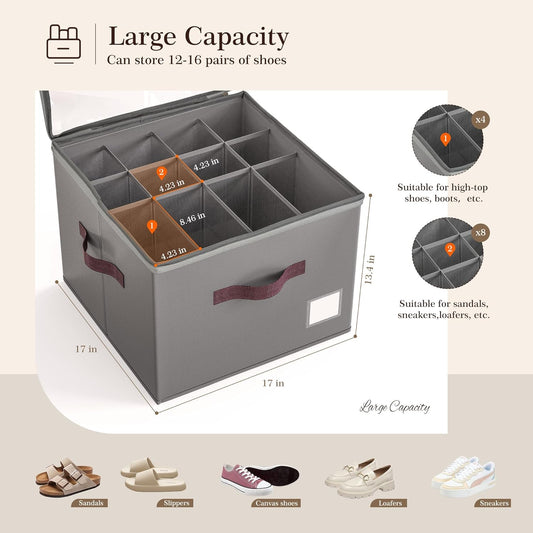 Criusia Shoe Organizer for Closet, 2 Pack Shoe Organizer with Transparent Cover and Sturdy Handles, Closet Shoe Storage for Sneakers Sandals Slippers, Fit 12-16 Pairs, Gray