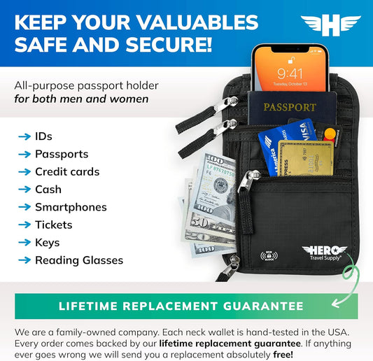 HERO Neck Wallet, RFID Blocking Passport Holder - Easy to Conceal and Pouch