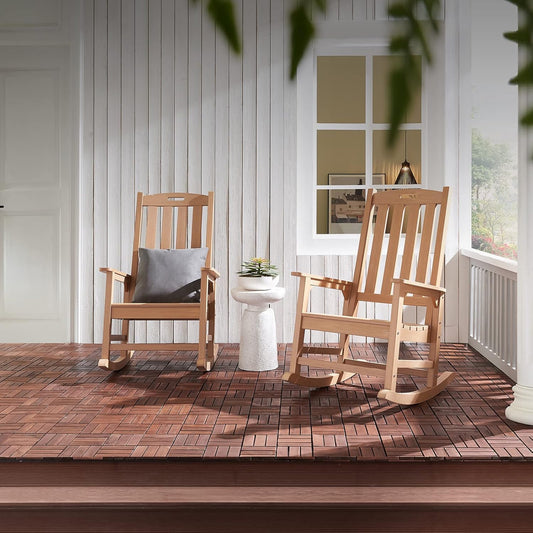 Psilvam Oversized Outdoor Rocking Chair, with 21" Wide Seat and 32" Tall Backrest, Pre-Assembled with Most Components for Effortless Installation (Teak Color)