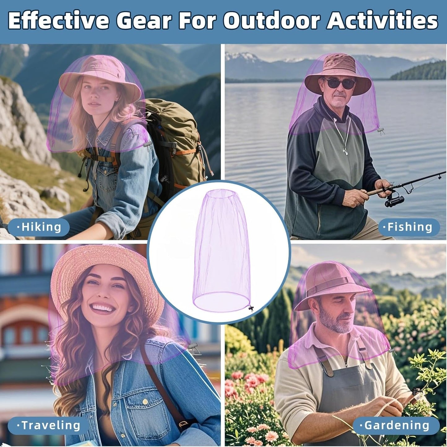 Oversized Mosquito Net 42 x 25 Inches Ultra Large Mosquito Head Net Face Neck Fly Mesh Netting Fits All Hats for Outdoor Camping Hiking Fishing Gardening Safari(Light Purple)