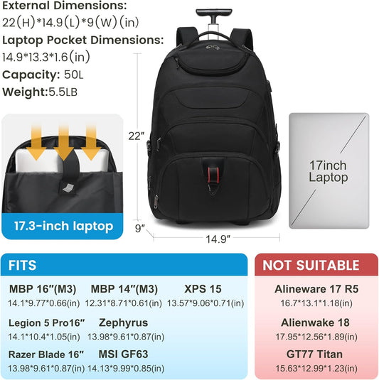 Boavan Wheeled Backpack,18.4 inch Water Resistant Rolling Backpack,Carry on Luggage Business Bag, Overnight College Computer Backpacks Trolley Suitcase for Men Women Adults to Travel,Black