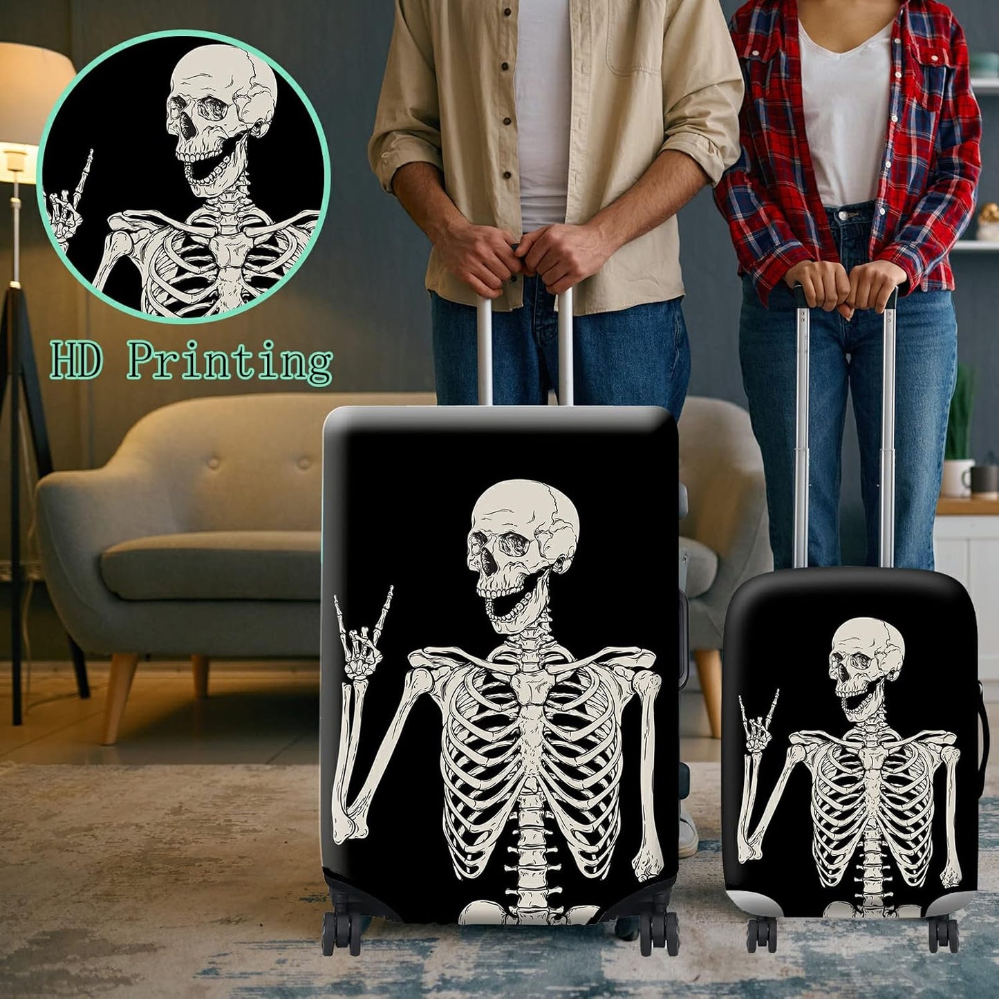 Luggage Cover Suitcase Protector Plus 1 Luggage Tag, Rock Skull Travel Suitcase Cover Suitable for 22-24 inch Luggage (M) with Concealed Zipper Washable Elastic Cloth Dustproof Anti-Scratch