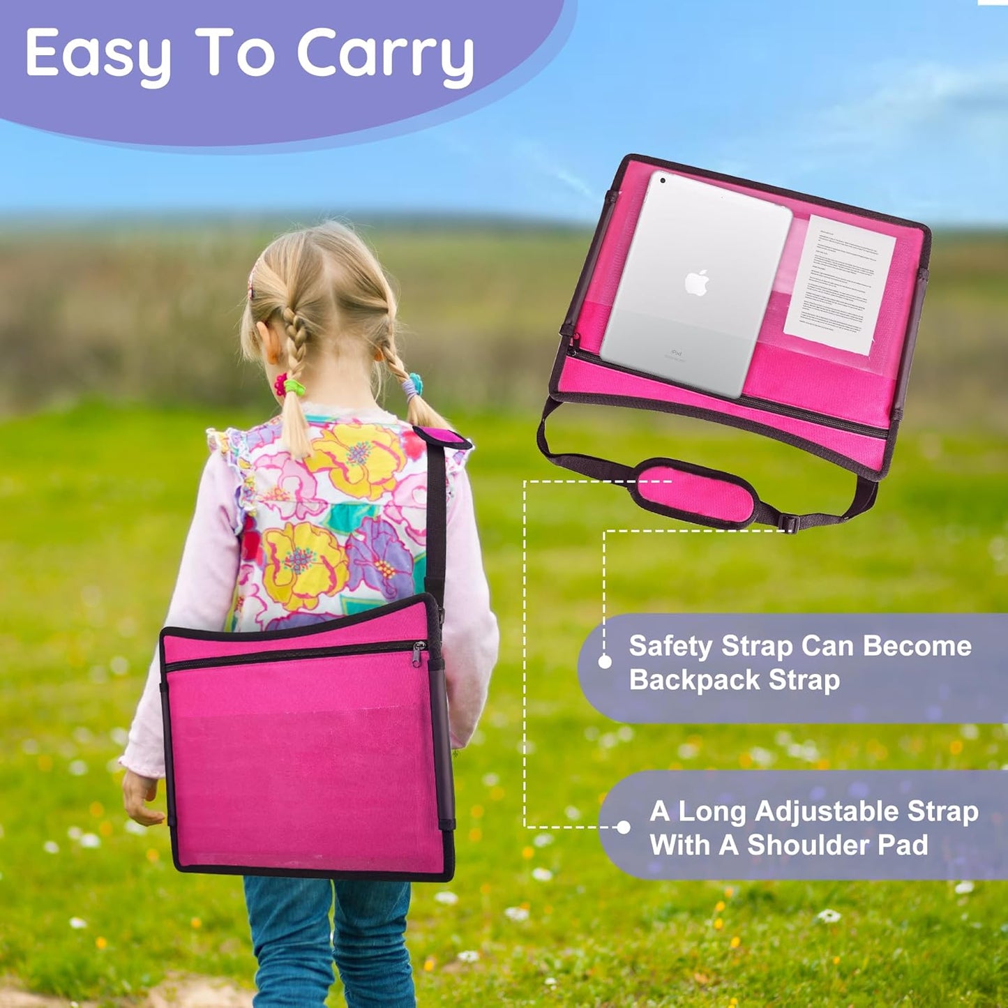 Kids Travel Tray, Kids Travel Trays for Car Seat, Road Trip Essentials for Toddler, Carseat Lap Tray with Dry Erase Board & Storage Organizer for Road Trip Activities for Kid, Pink