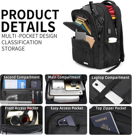 Black Backpack for School, School Backpack for Boys Girls Teens, College Book Bag, Water Resistant Bookbag, Back Pack for Men Women, Business Work Travel