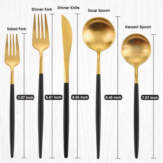 Matte Gold Silverware Set With Black Handle, IBIILII JEFF 40 Pieces Stainless Steel Flatware Set For 8,Kitchen Utensil Set, Tableware Cutlery Set, Knife Spoons And Forks Set, Dishwasher Safe