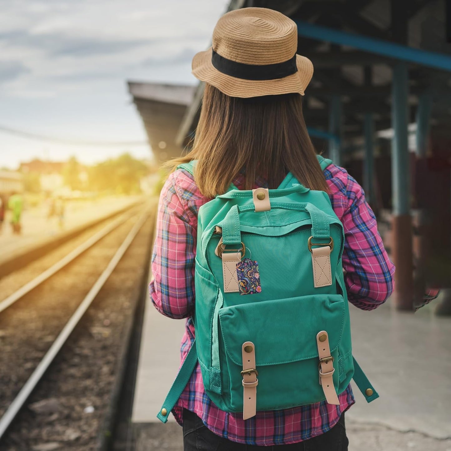 Colorful Boho Floral 3 PCS PU Leather Luggage Tags for Suitcase, Luggage Tag with Privacy Flap, Name ID Label and Metal Loop for Women Men Baggage Handbag School Bag Backpack