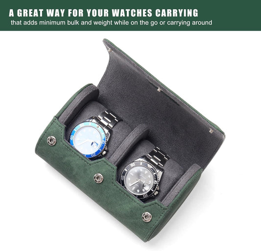 Longjet Watch Roll Travel Case for Men Portable Watches Organizer Box with Removable Velvet Pillow Holder (2 Slot Denim Green)