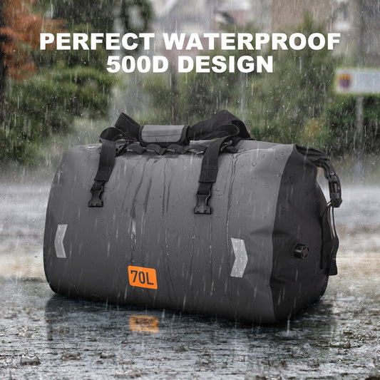 Waterproof Duffel Bag, 70L Roll-top Motorcycle Dry Bag with Air Valve & Quick-fixed Straps, Travel Duffle Bags for Kayaking Paddle Boarding Rafting Boating Camping Riding Fishing - Grey