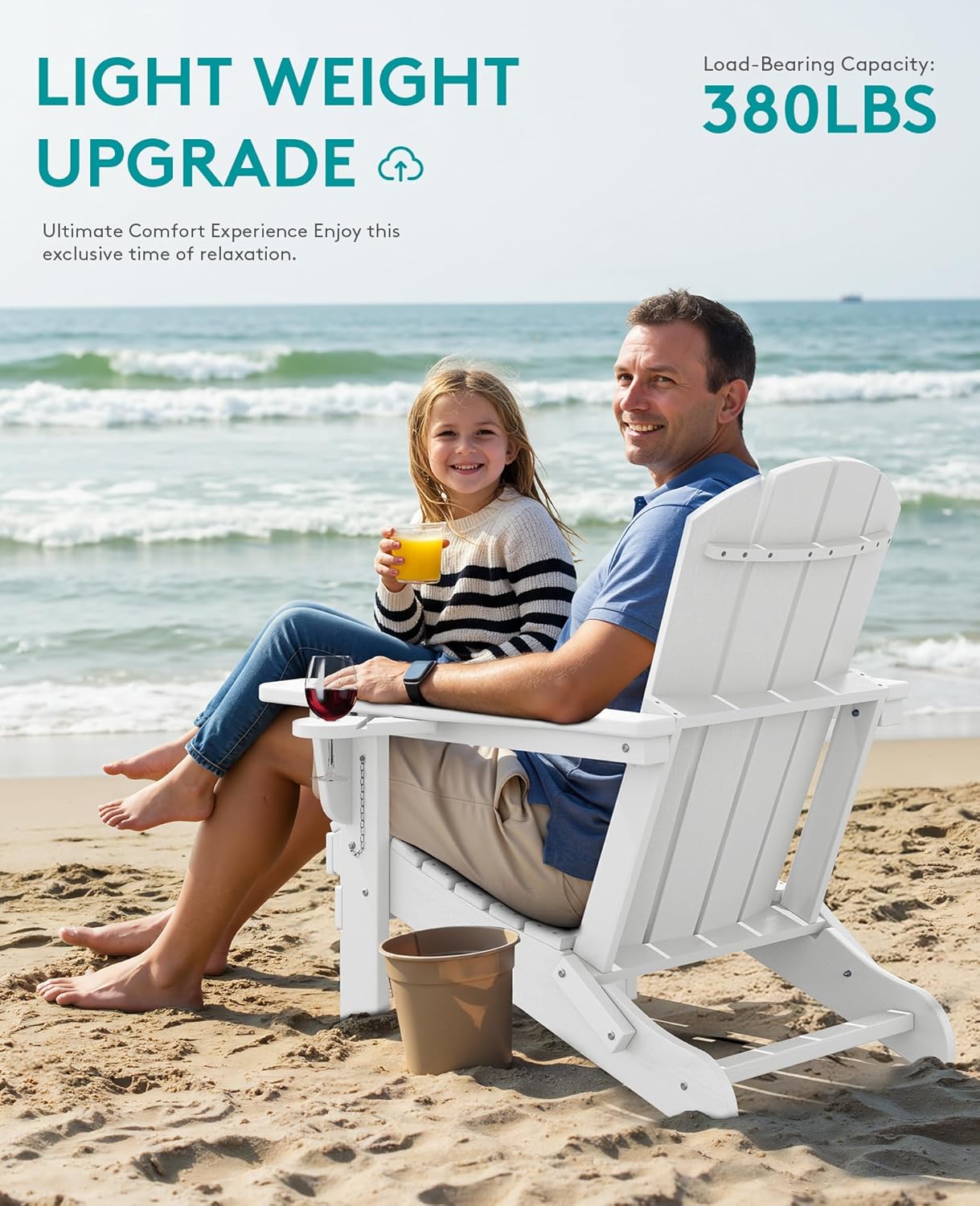 SERWALL Folding Adirondack Chair, Dual Cup Holders & All-Weather HDPE, Wood-Like Patio Chair for Backyard, Camping,Pool & Fire Pit- White