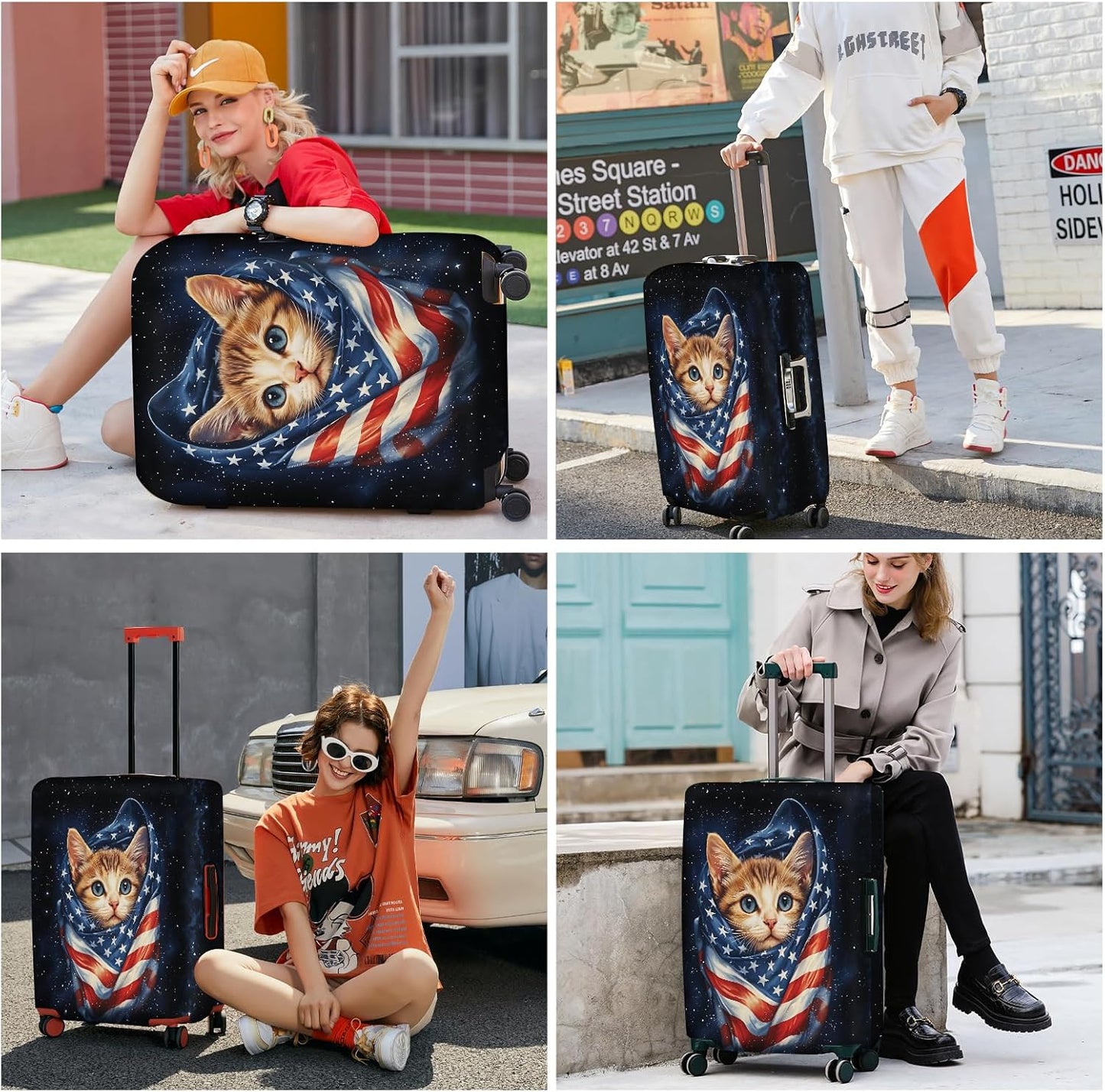 ANNA QUEEN Cute Patriotic Cat Luggage Cover, American Flag Suitcase Protector, Stretchable, Washable Travel Cover for 24-26 Inch Luggage