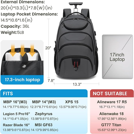 Boavan Rolling Backpack,17 inch Water Resistant Wheeled Backpack,Carry on Luggage Business Bag, Overnight College Computer bag Trolley Suitcase for Men Women Adults to Travel,Grey