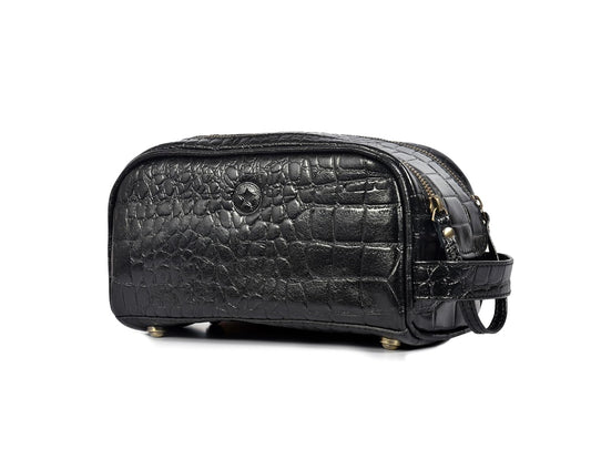 10" Premium Leather Toiletry Travel Pouch With Waterproof Lining | King-Size Handcrafted Vintage Dopp kit By Aaron Leather Goods (Grease Black)