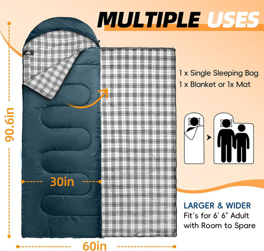 MEREZA Flannel Sleeping Bag for Adults XL, Large Wide Sleeping Bags for Camping Mens Warm Cotton Sleeping Bag 4 Season Warm & Cool Weather