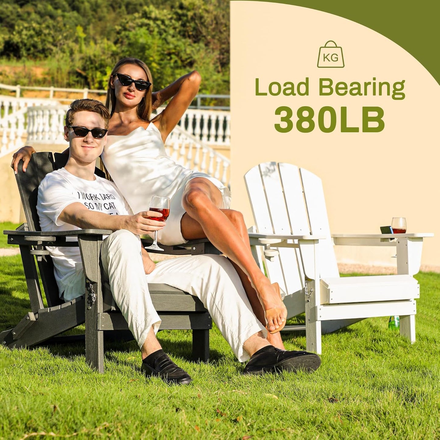SERWALL Foldable Adirondack Chair Set of 2, HDPE Adirondack Chair with Wood-Texture-Gray