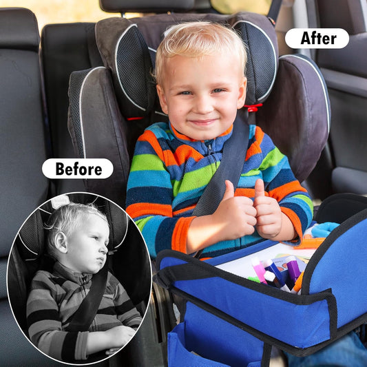 Kids Travel Tray for Airplane - Toddler Car Seat Table Tray, Road Trip Essentials for Boys & Girls, Carseat Lap Desk for Kids Road Trip Activities(Navy Blue)