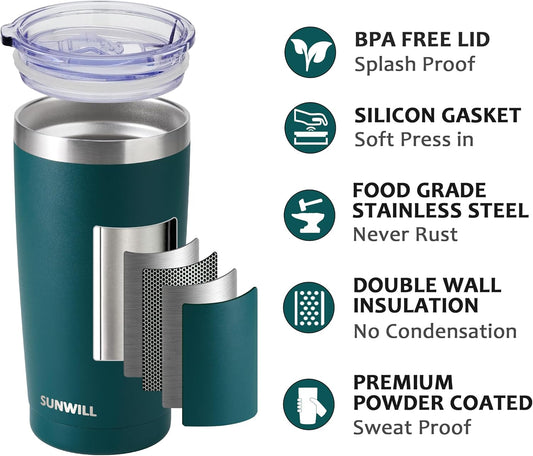SUNWILL Travel Coffee Mug with Lid, 20 oz Tumbler Set of 2, Insulated Stainless Steel Cup for Drinks, Water, Tea, Powder Coated Forest Green & Plum