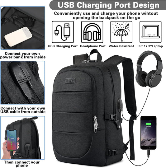 AMBOR Travel Laptop Backpack for Men, 15.6-17.3 inch Laptop Backpack for School, Anti Theft Business Work Backpack with USB Charging Port, Water Resistant College Computer Bag for Men & Women, Black