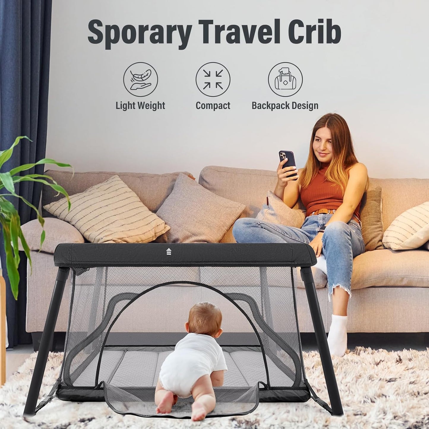 Travel Crib, Portable Crib for Baby, Pack and Play for Babies and Toddler, Lightweight Backpack Design,Foldable Travel Baby Playpen with Mattress(Dark Grey)