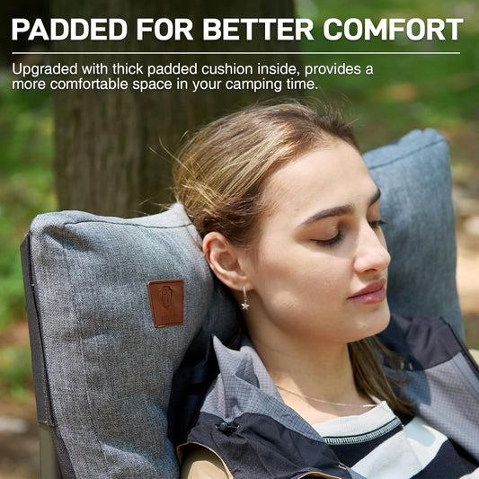 EVER ADVANCED Padded Oversized Folding Camping Chair for Adults, Heavy Duty Lawn Chair with Side Pockets, Portable Collapsible Quad Chair for Outside, Support Up to 500lbs, Grey