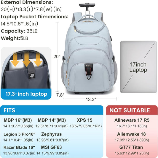 Boavan Rolling Backpack for Women, 17.3 Inch Wheeled Laptop Backpack,Large Travel Carry-On Bag for Teachers College Students, USB Charging Port Waterproof Business for Airplane Overnight Luggage,Blue
