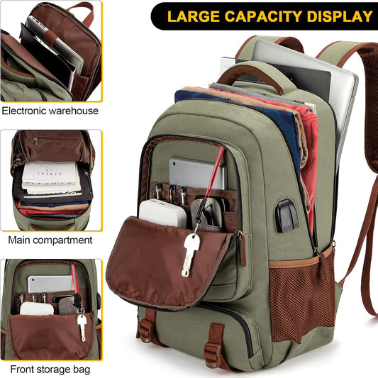Tzowla Canvas Laptop Backpack, Bag for Men Women,Travel Work Rucksack Fits 15.6 Inch Laptop, Bookbag with USB Charging Port