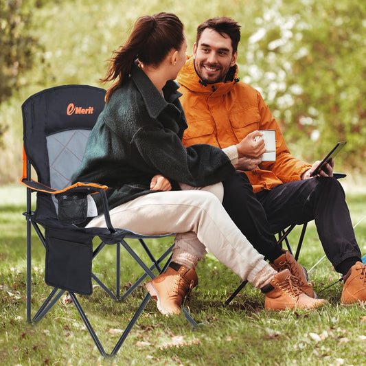 EMERIT 2 Pack Oversized Padded Camping Chair, 350LB Heavy Duty Quad Fold Chair with Arms, Collapsible Outdoor Chairs with Lumbar Back & Cup Holder