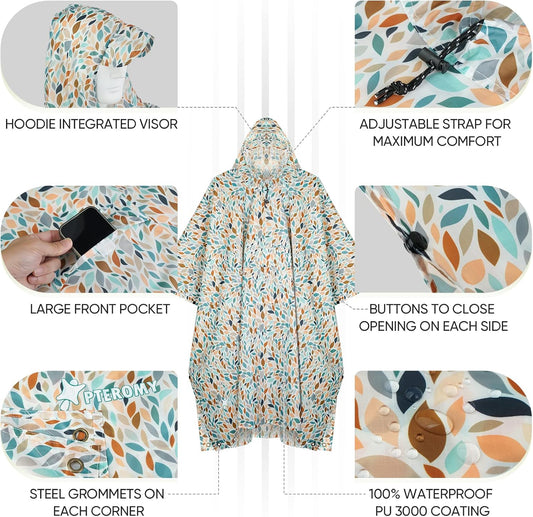 PTEROMY Hooded Rain Poncho for Adult with Pocket, Waterproof Lightweight Unisex Raincoat for Hiking Camping Emergency