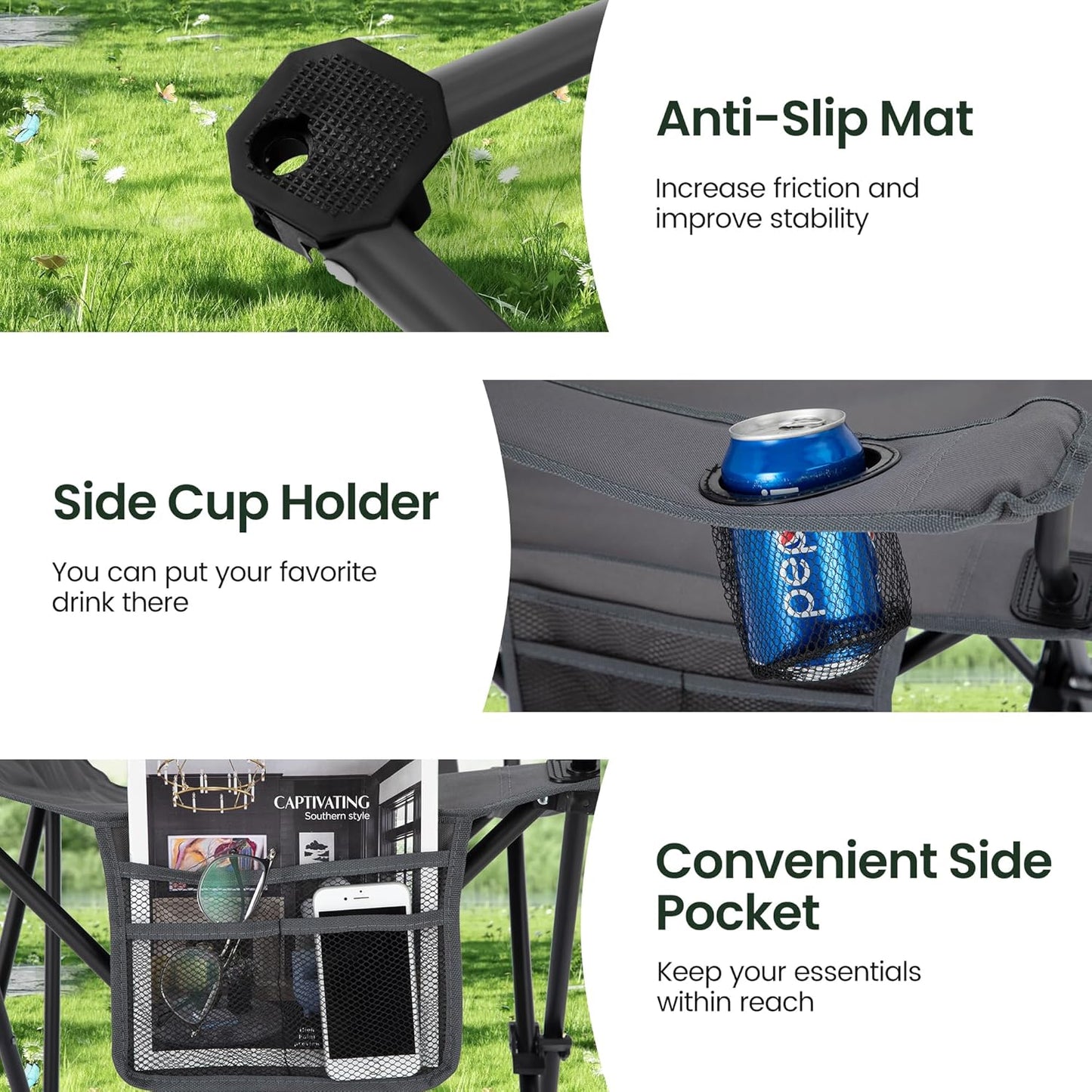 HIGH POINT SPORTS 2 Pack Portable Camping Chair for Adults, Folding Outdoor Camp Chair Lightweight Lawn Chairs Folding Collapsible Chair for Camping, Tailgates, Beach, Gray, Support 250 lbs