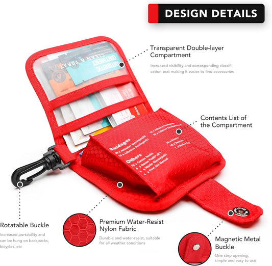 Small First Aid Kit, 100 Pieces Water-Resistant Well Organzied Pouch with Rotatable Buckle - Ideal for Outdoor, Travel, Biking, Camping, Hiking, Car (Red)