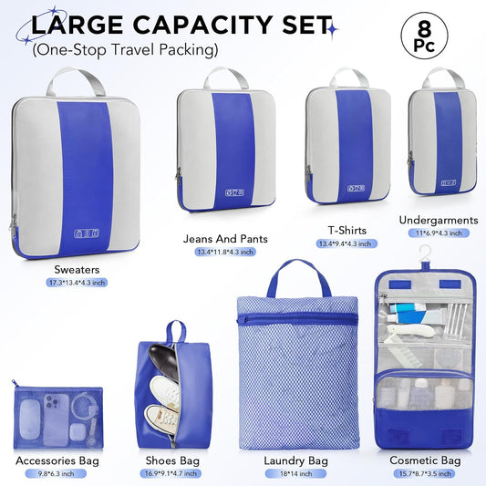 8 Set Compression Packing Cubes for Travel Essentials,Compressible Expandable Packing Cubes for Suitcase,OlarHike Luggage Organizer Bags for Travel,Handy Helper for Organizing Clothes(Klein Blue)
