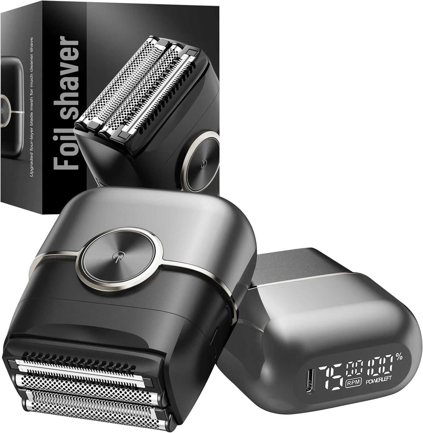 Electric Foil Shaver for Men: 4 Floating Blades, 2 Gear & IPX7 Waterproof - Rechargeable Cordless Razor for Face Shaving - Wet/Dry Travel Shaver with Large LED Display