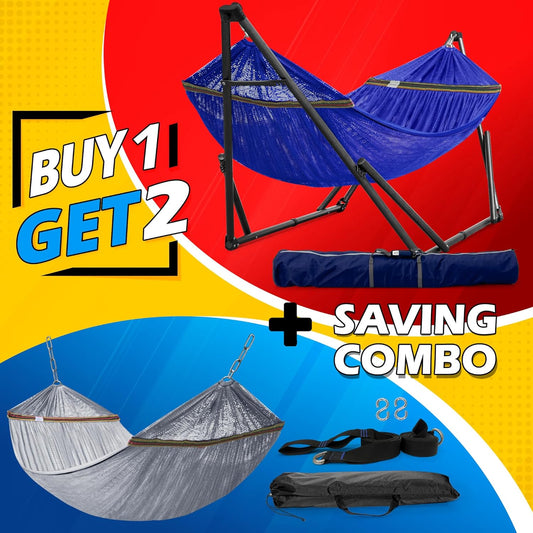 Tranquillo Combo x2 Hammocks with Stand for Outside & Tree Straps, Heavy Duty Hammock with Stand 600lbs for Indoor Outdoor Patio Backyard, x2 Hammocks for 2 Person, Portable Carrying Bags, Blue
