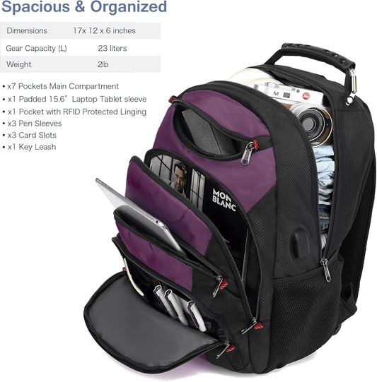 Boavan Laptop Backpack for men, 15.6 inch Laptop Bag with USB Port, Waterproof Travel Work Backpack Purse, Anti-Theft Teacher Nurse Doctor Casual Bookbags Office Business backpack,Purple Black