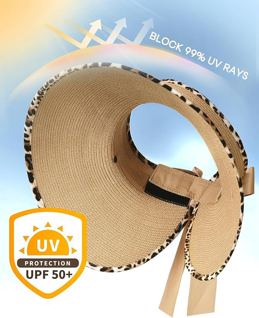 Camptrace Sun Visors for Women Wide Brim Beach Hat Foldable Straw Visor Hat Ponytail Summer Packable UPF 50+
