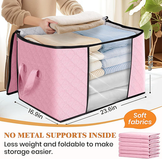 Fab totes 24 Gallons Clothes Storage, Foldable Thick Fabric Blanket Storage Bags, Containers for Organizing Bedroom, Closet, Clothing, Comforter, Organization with Handle (3 Pack,Pink)