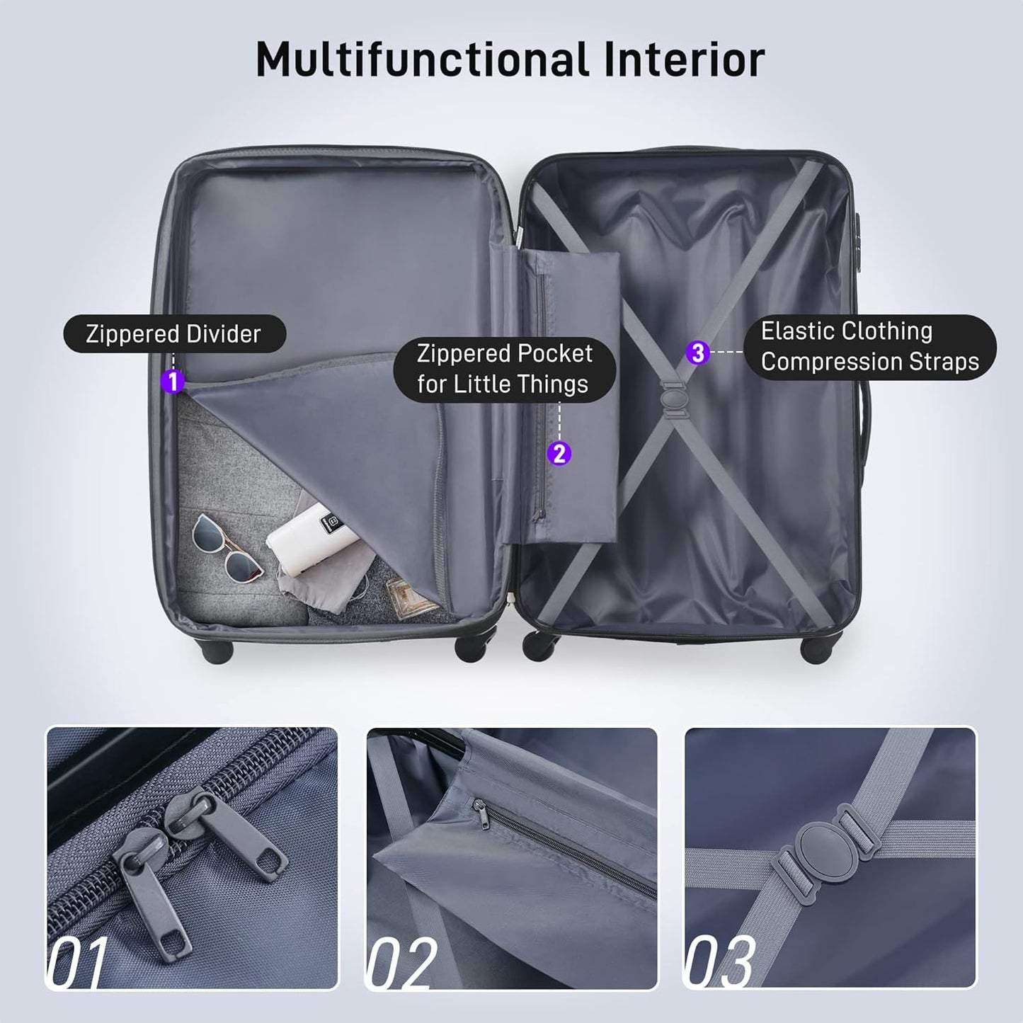 Merax Luggage Sets of 3 Piece Carry on Suitcase Airline Approved, 20/24/28 IN Hard Case Expandable Spinner Wheels (Purple)