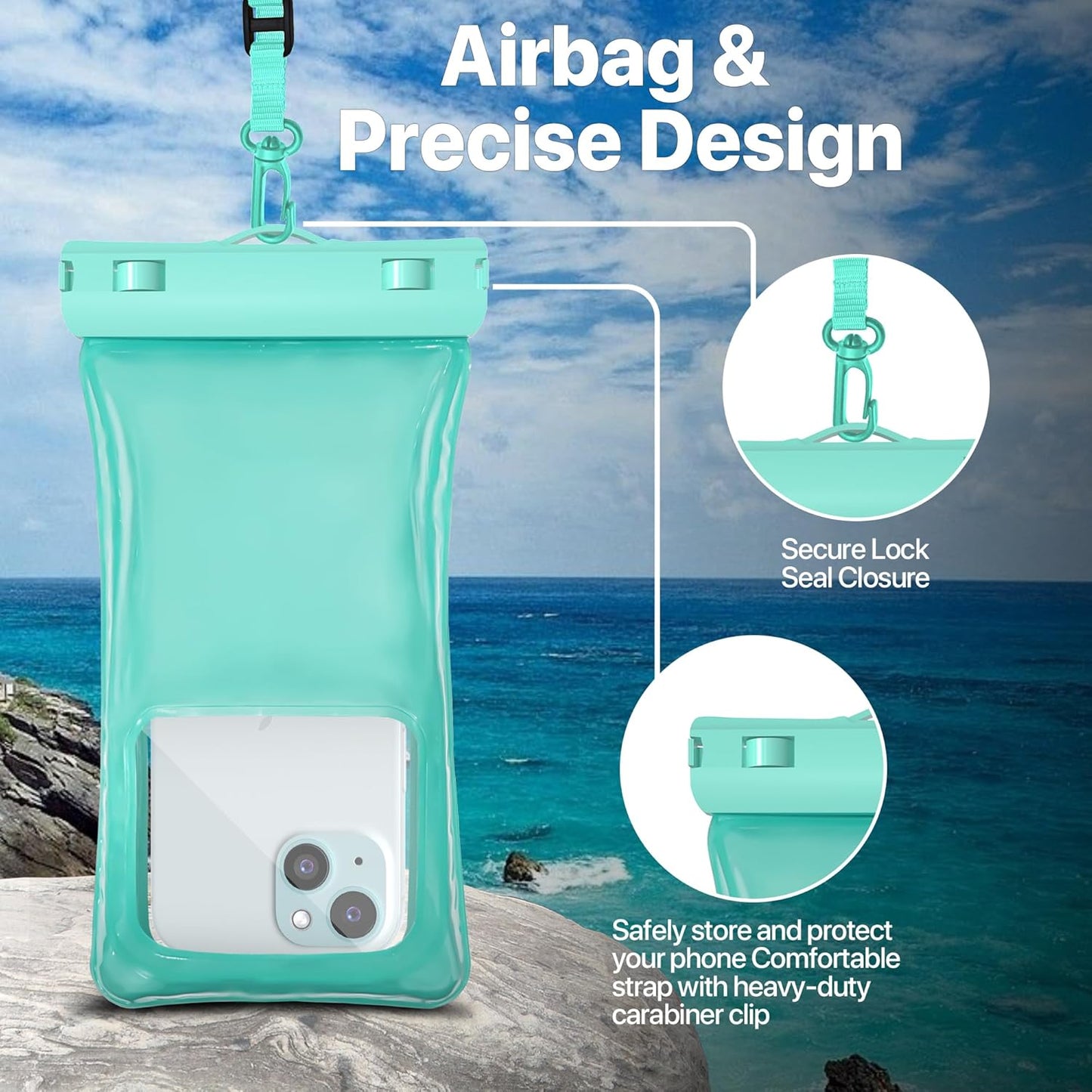 NEPHI IP68 Waterproof Phone Pouch 2 Pack-Up to 8.0",Adjustable Neck Lanyard Floating Waterproof Phone Case for iPhone,Phone Dry Bags for Vacation Beach Pool Travel Essentials (Aqua Green 4 Pack)