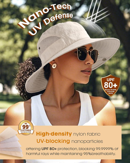 FURTALK Womens Sun Hat with Ponytail Hole Beach Hiking Summer Wide Brim UPF 80+ Outdoor Protection Foldable Bucket Hat