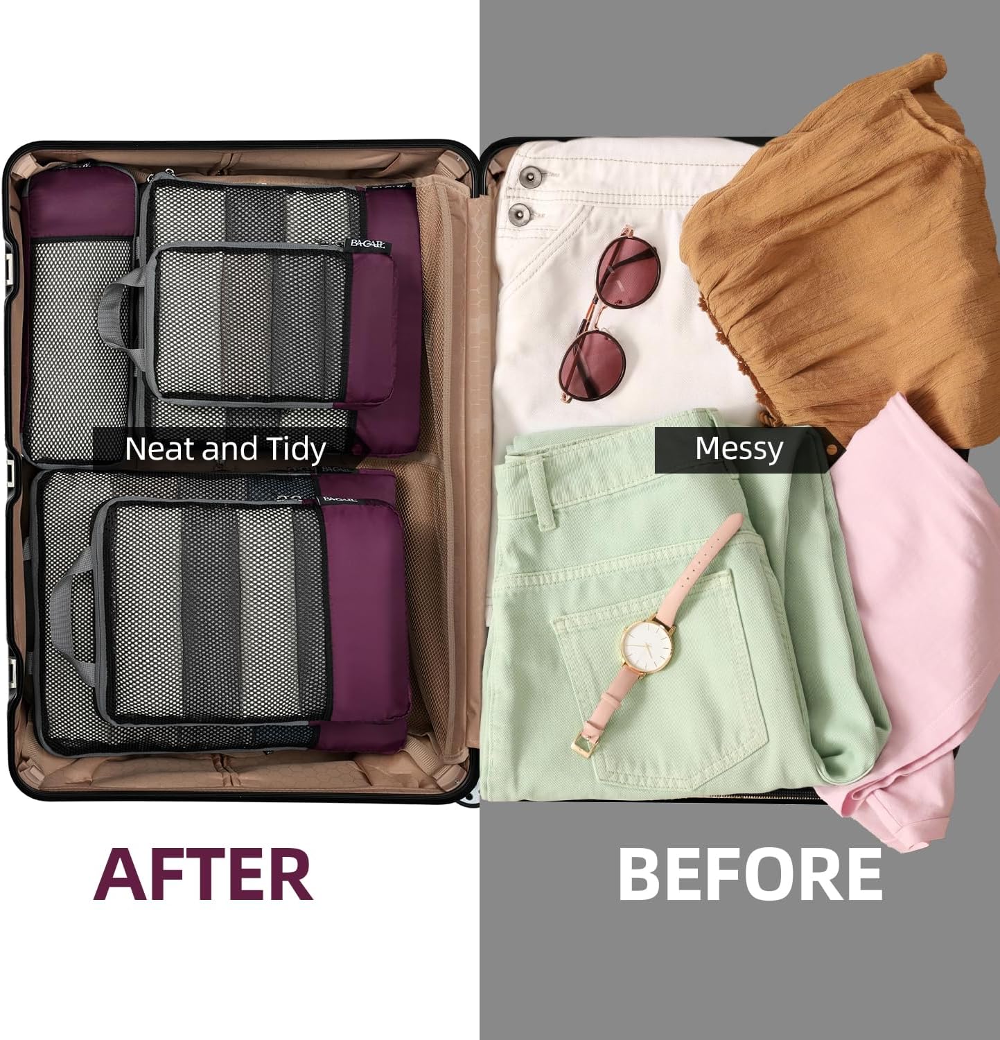 BAGAIL 4 Set/6 Set/8 Set Compression Packing Cubes Travel Accessories Expandable Packing Organizers (Half Mesh, 6-Burgundy)
