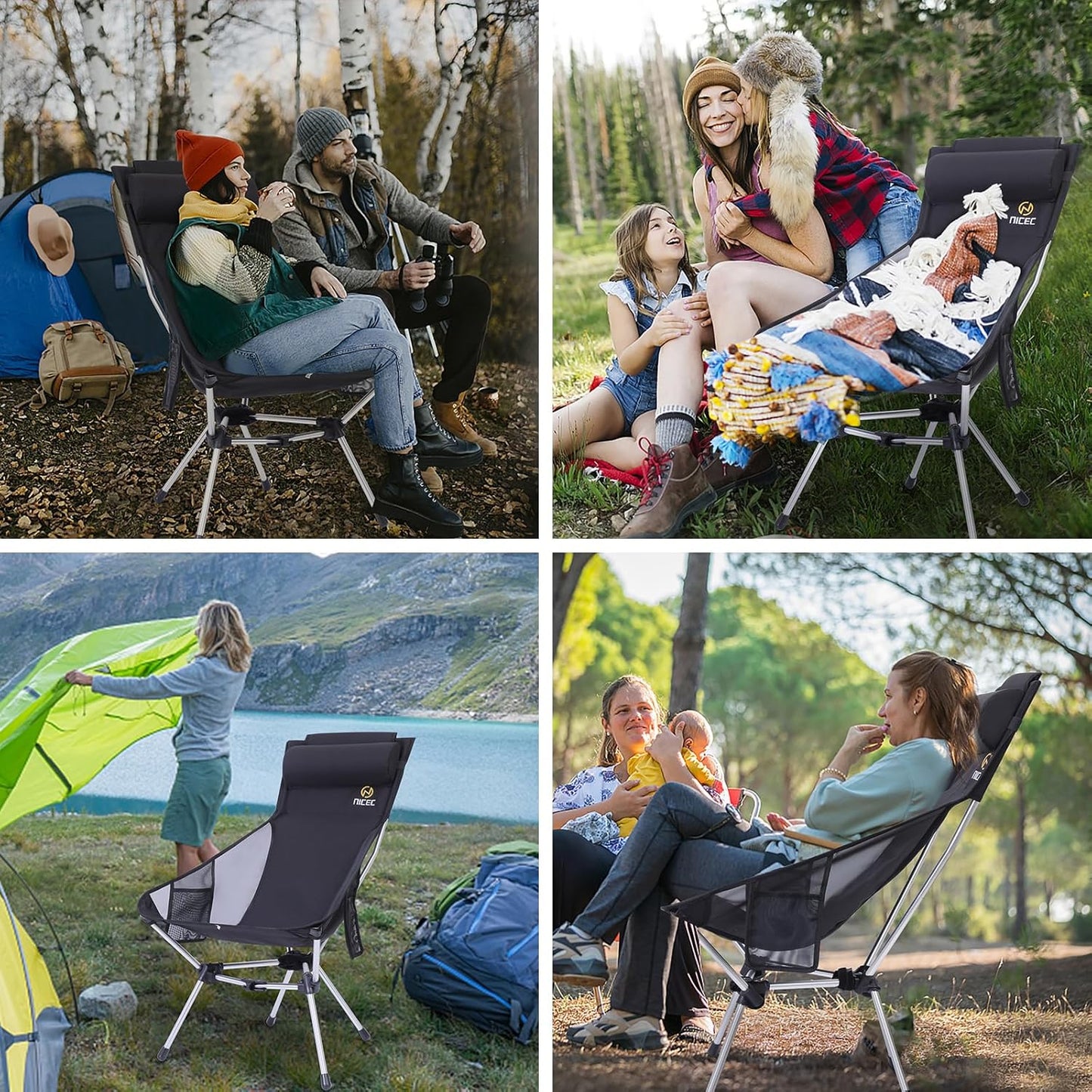 Nice C Ultralight High Back Folding Camping Chair, Backpacking Chair, Compact & Heavy Duty Outdoor, Travel, Picnic, Festival with 2 Side Pockets, Pillow &Carry Bag (One Black)
