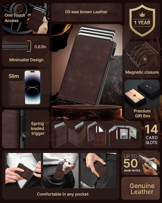 typecase Mens Wallet Card Holder: Pop Up Aluminum Case, Genuine Leather, Smart, RFID Blocking, Slim, Minimalist, Front Pocket - 9-14 Card Capacity | ID Window | Cash Slot - Oil Wax Brown