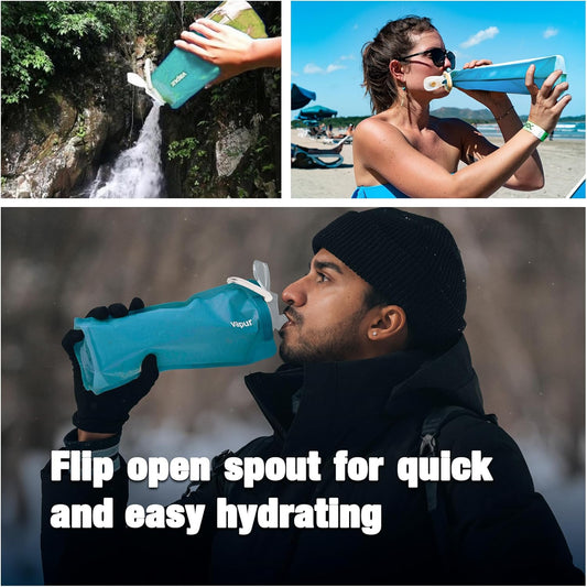 Vapur Collapsible Water Bottle With Carabiner, Compact Bottle Folds Flat For Hydration On The Go, Ideal for Traveling, Hiking or Camping, 23 Ounce, Teal, Pack of 1