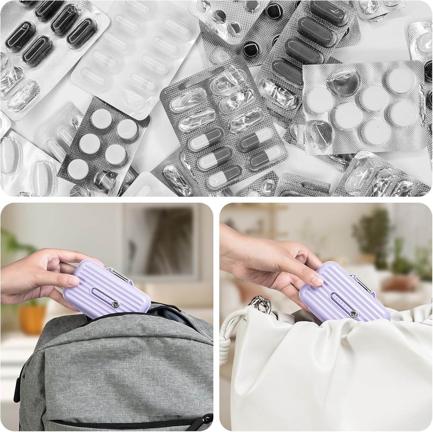Travel Pill Organizer Box with Medicine Labels, 2Pack 7 Compartments Portable Pill Case, Daily Medication Organizer Storage Pill Container for Pocket Pharmacy(Purple, S+L 2pack)