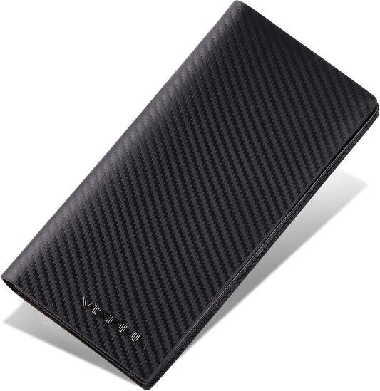 VISOUL Mens Leather Long Checkbook Bifold Wallets with RFID Blocking, Carbon Fiber Leather Tall Wallets for Men (Black+Black)