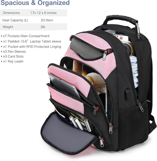 Boavan Laptop Backpack for men, 15.6 inch Laptop Bag with USB Port, Waterproof Travel Work Backpack Purse, Anti-Theft Teacher Nurse Doctor Casual Bookbags Office Business backpack,PinkBlack